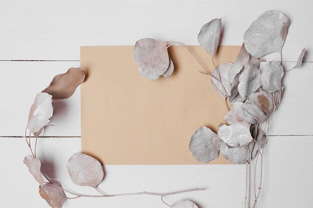 An envelope on white wooden board with decorative eucalyptus