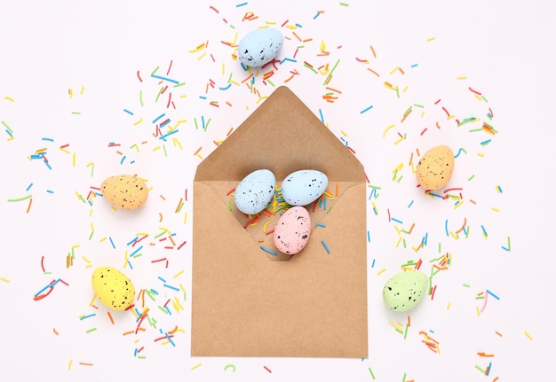 Envelope with Easter sprinkles and colored eggs on a white background Easter concept