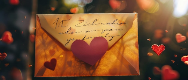 Photo an envelope with handwritten notes adorned with heart shapes amidst floating hearts creates a romantic and nostalgic atmosphere