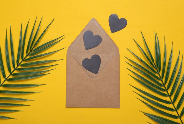 Envelope with hearts on a yellow background with palm leaves Love concept