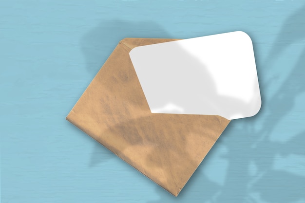 An envelope with a sheet of textured white paper on the soft blue background .Mockup with an overlay of plant shadows. Natural light casts shadows from the tree of happiness. Horizontal orientation.