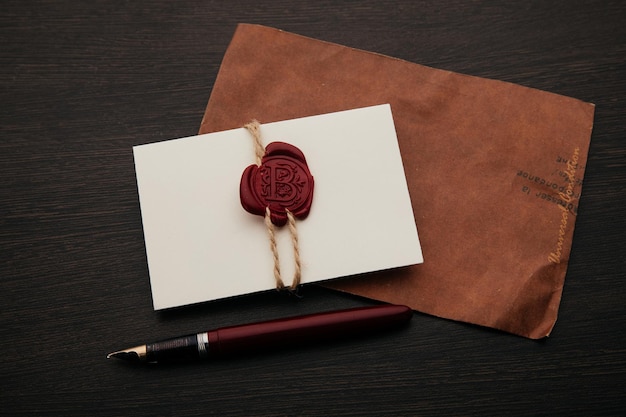 Envelope with wax seal and pen