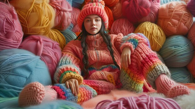 Enveloped in a kaleidoscope of knitted warmth a young dreamer lounges