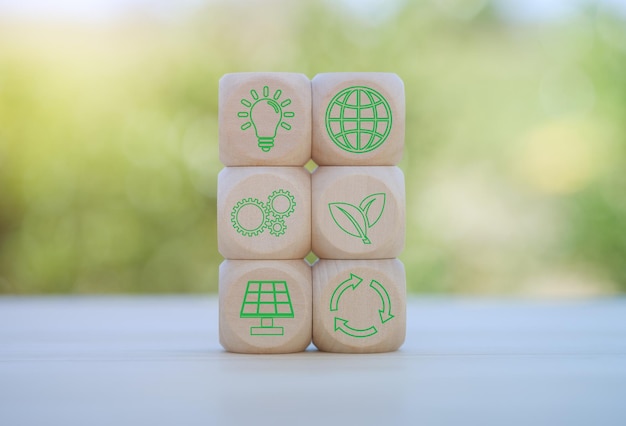 environment Earth concept Net zero greenhouse gas emissions target Climate neutral long term strategy wooden cubes with decarbonization icon and green icon Green banner