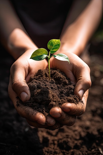 Environment Earth Day Between his two hands is the soil and the sapling Environmental nature concept