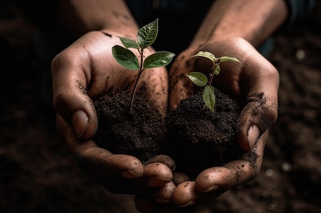 Environment Earth Day Between his two hands is the soil and the sapling Environmental nature concept