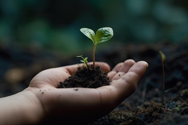 Environment Earth Day Between his two hands is the soil and the sapling Environmental nature concept