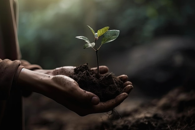 Environment Earth Day Between his two hands is the soil and the sapling Environmental nature concept