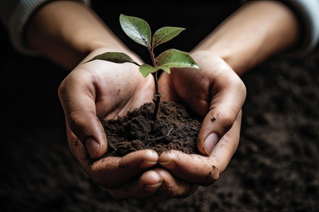 Environment Earth Day Between his two hands is the soil and the sapling Environmental nature concept