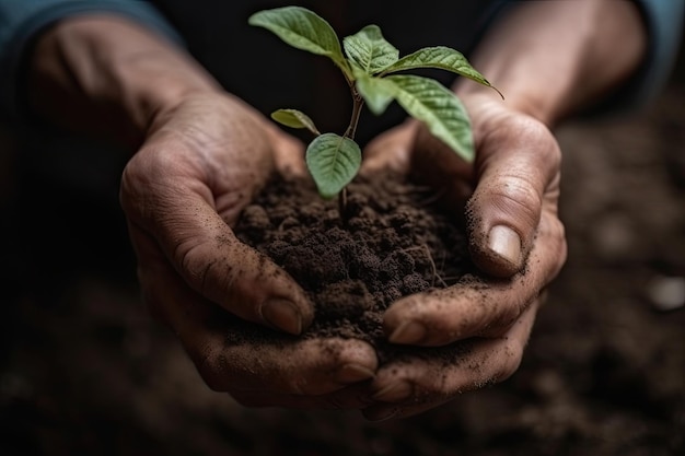 Environment Earth Day Between his two hands is the soil and the sapling Environmental nature concept