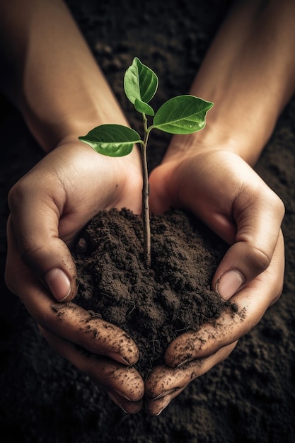 Environment Earth Day Between his two hands is the soil and the sapling Environmental nature concept