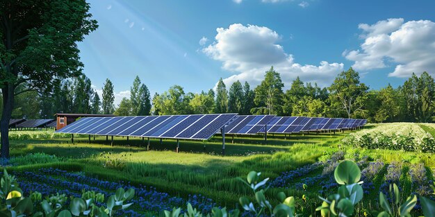 Environment flat design solar cells covering a large farm