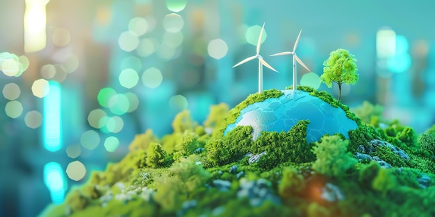 Environment flat design world with green energy symbols to stop climate change