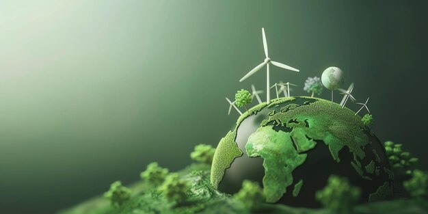 Environment flat design world with green energy symbols to stop climate change