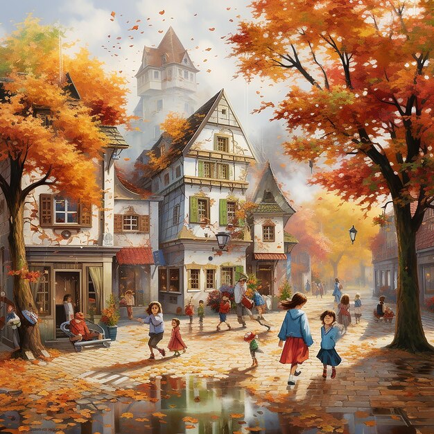 The environment is autumnal and a village where children play happily