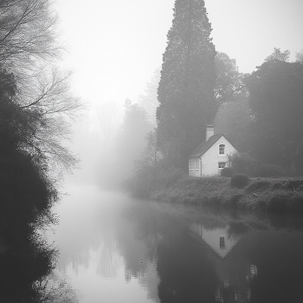 Photo the environment is a misty river a lonely house nearby is a forest black and white image infrared