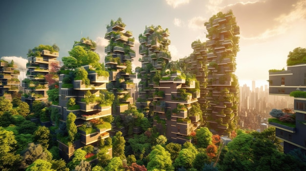 Environmental awareness city with vertical forest concept of metropolis covered with green plants Civil architecture and natural biological life combinationGenerative AI image weber