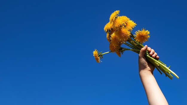 Environmental concept Bright yellow flowers in hand against the sky