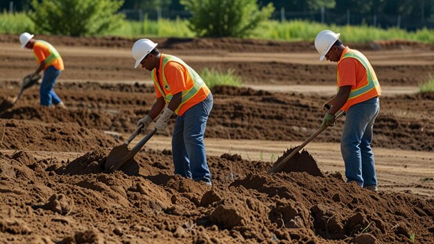 Photo environmental construction site workers planting trees and installing erosion control measure