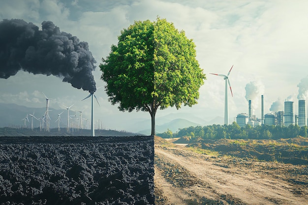 Photo environmental impact and the energy transition contrasting pollution and green energy in the battle