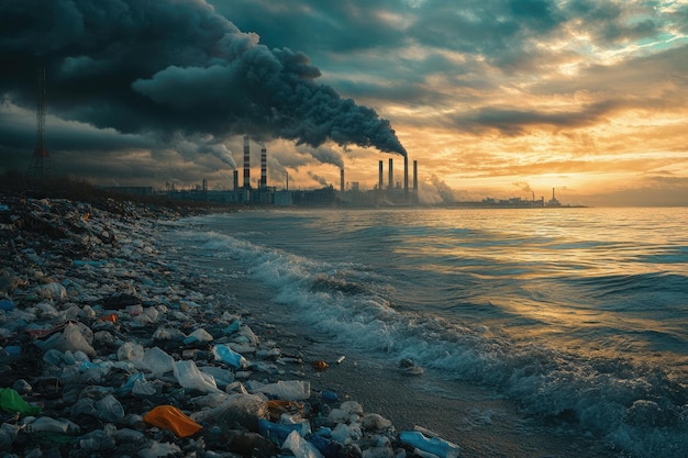 Photo environmental impact industrial citys shoreline waste