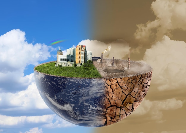 Environmental pollution Collage divided into clean and contaminated Earth against sky Halved globe with buildings and green grass on one side and cracked soil with factories on the other