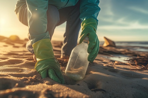 Environmental pollution Volunteer in protective gloves picks up a plastic bottle on the beach Close up of hand Low angle view Copy space The concept of cleaning the coastal zone Generative AI