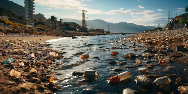 Environmental pollution water pollution plastic bottles packs Generative AI