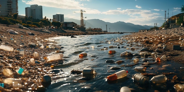 Environmental pollution water pollution plastic bottles packs Generative AI