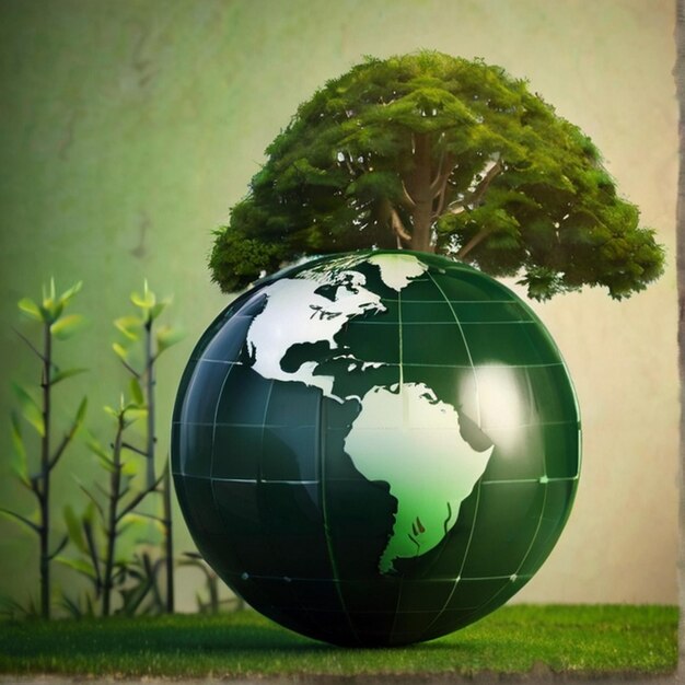 Environmental protection and csr concept with globetree with globe against green background