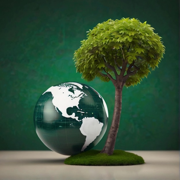 Environmental protection and csr concept with globetree with globe against green background