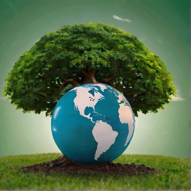 Environmental protection and csr concept with globetree with globe against green background