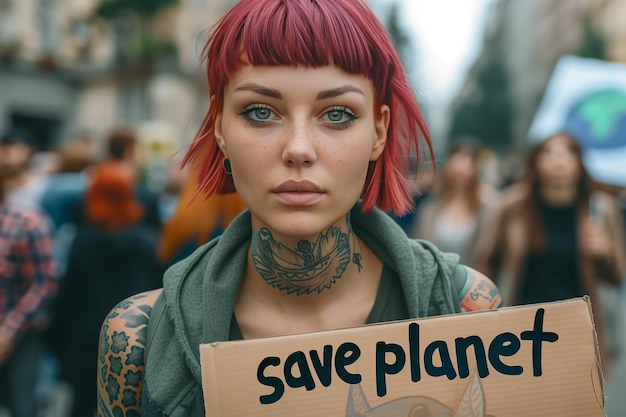 Photo environmental protection demonstration female eco activist holding a poster save planet