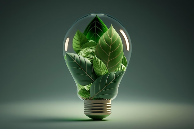 Environmental protection renewable sustainable energy sources Tree leaves growing in the light bulb green plant sprout inside eco friendly concept Image is AI generated