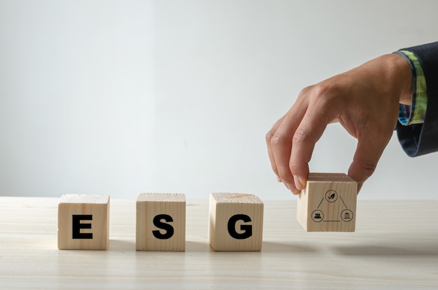 Environmental, social, and governance (ESG) investment Organizational growth. Wooden cube  with symbol of esg concept