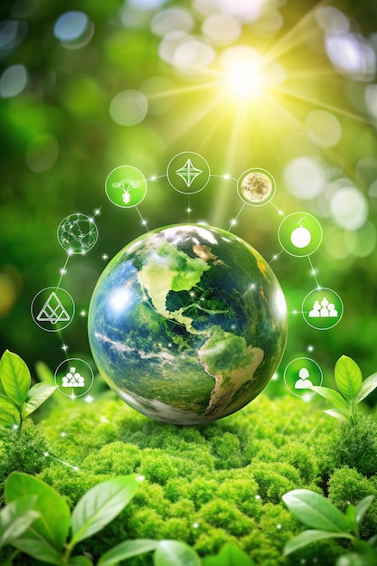 Environmental technology concept Sustainable development goals SDGs Green Earth with Environment icons Saving the environment and environmentally sustainable