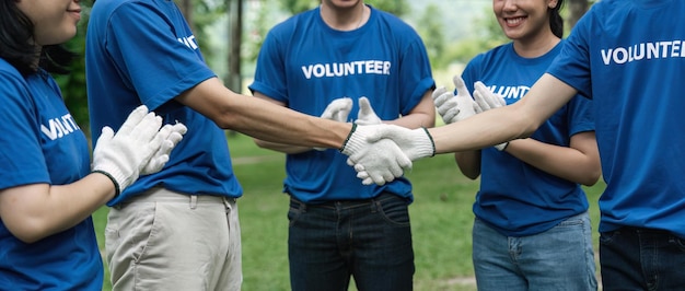 Environmentalist volunteers planting new tree and handshaking