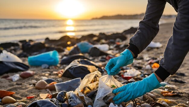 Environmentally conscious woman cleaning up trash on a sandy beach during a breathtaking sunset