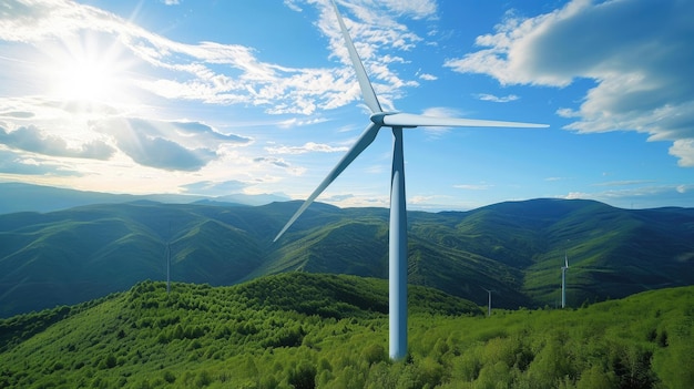 Environmentally friendly wind farms produce renewable green energy in beautiful landscapes