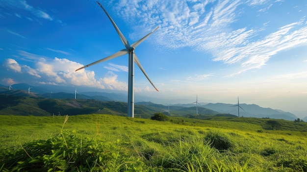 Environmentally friendly wind farms produce renewable green energy in beautiful landscapes