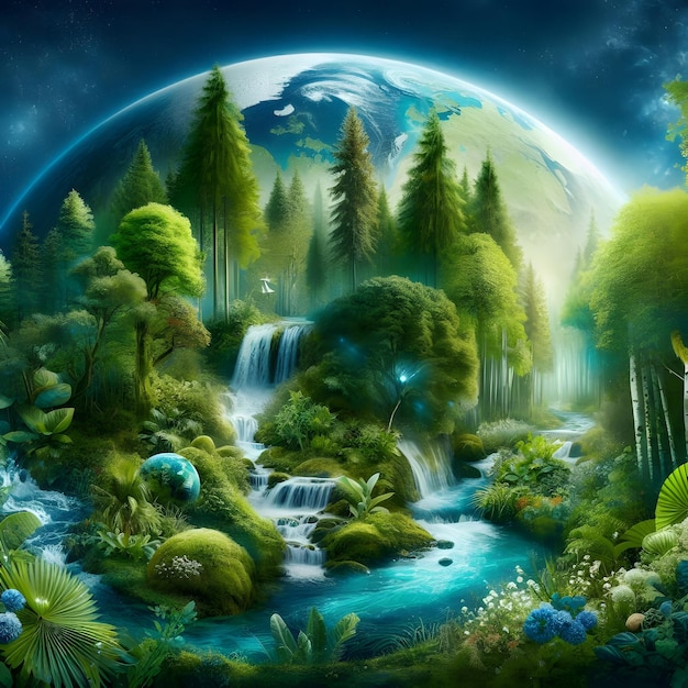 an environmentally friendly world featuring a lush and vibrant forest with towering trees