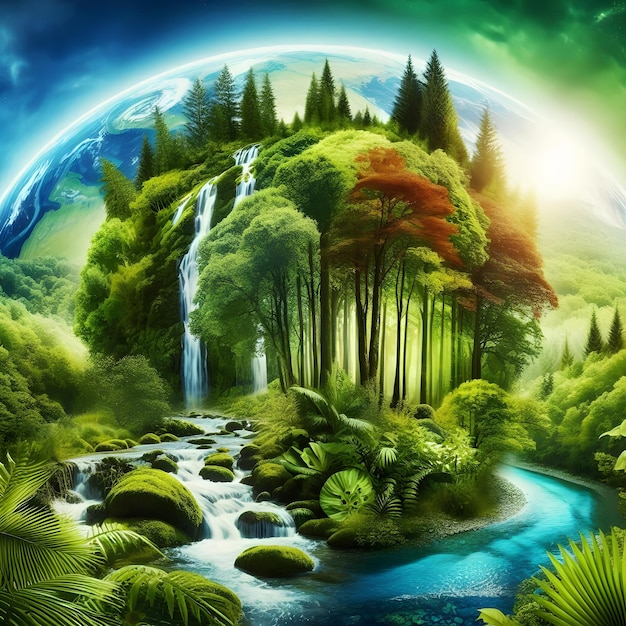 an environmentally friendly world featuring a lush and vibrant forest with towering trees