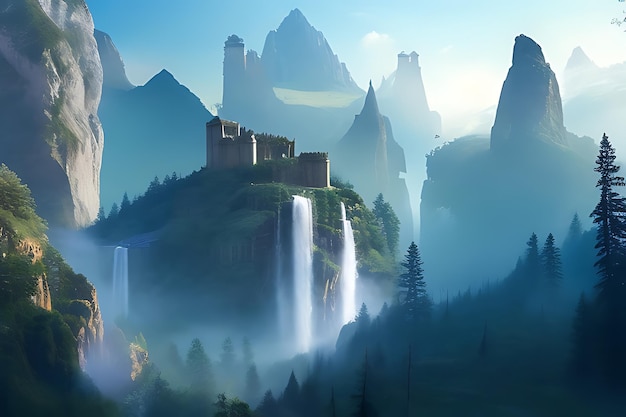 Envision a grand citadel resting atop mistdraped mountains embraced by cascading waterfalls