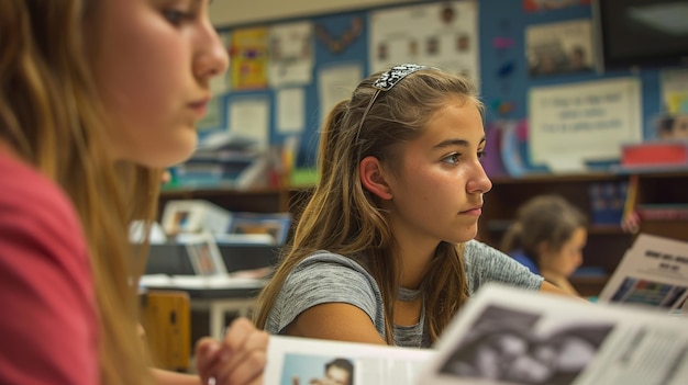 Photo envision a high school journalism class where students write articles take photos and design layouts for the school newspaper