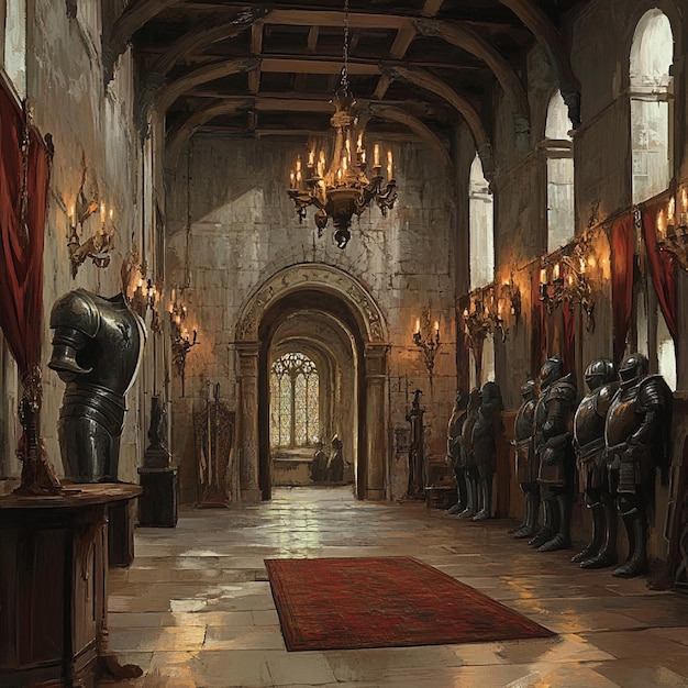 Envision a salon in a medieval castle with suits of armor and torchlit corridors