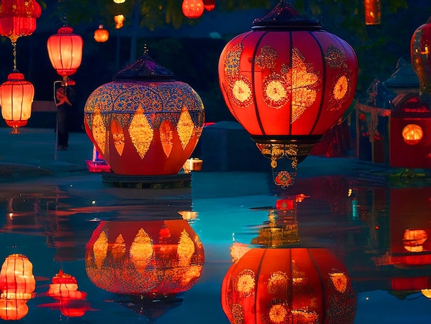 Envision a scene with floating lanterns painted in the style of Thai traditional art Incorporate in