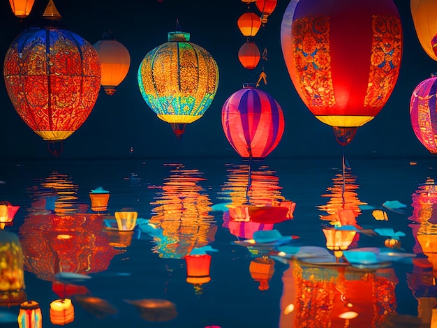 Envision a scene with floating lanterns painted in the style of Thai traditional art Incorporate in