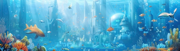 Envisioning a Submerged Realm Abstract Cityscapes Fueled by Revolutionary Tech Inhabited by Diverse Marine Life