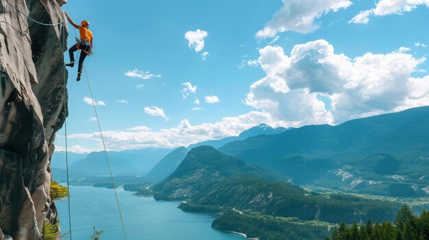 Epic Adventurous Extreme Sport Composite of Rock Climbing Man Rappelling from a Cliff generative ai