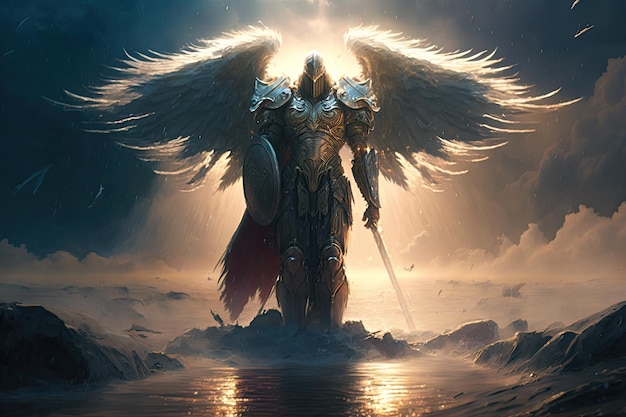 Epic archangel warrior knight paladin in heaven with armor and wings angel fantasy Generative ai